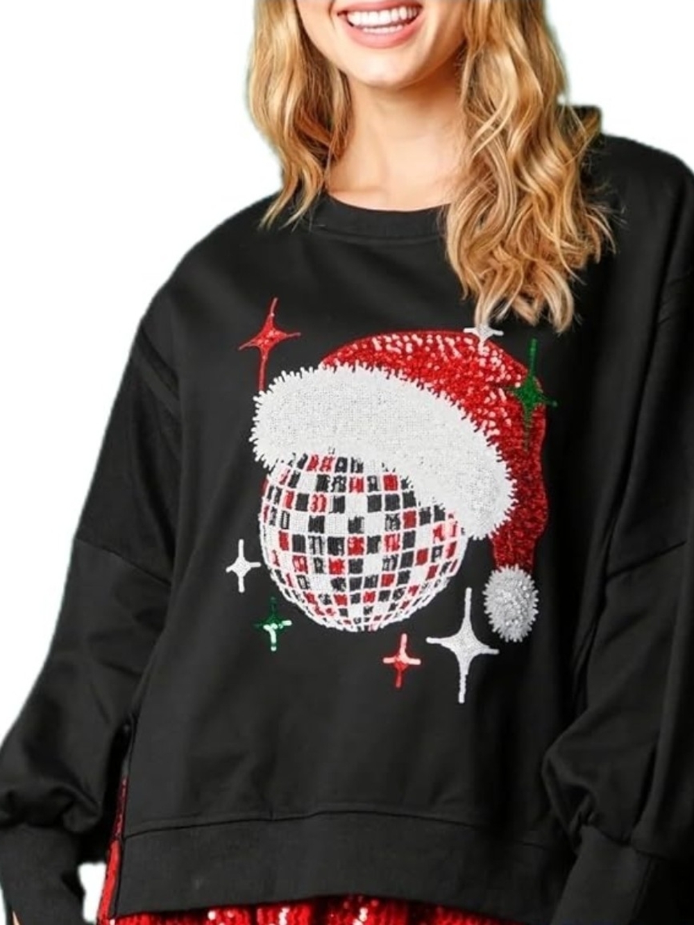 BiBi Black Holiday Sequin Santa Hat Disco Ball Sweatshirt Size XL
